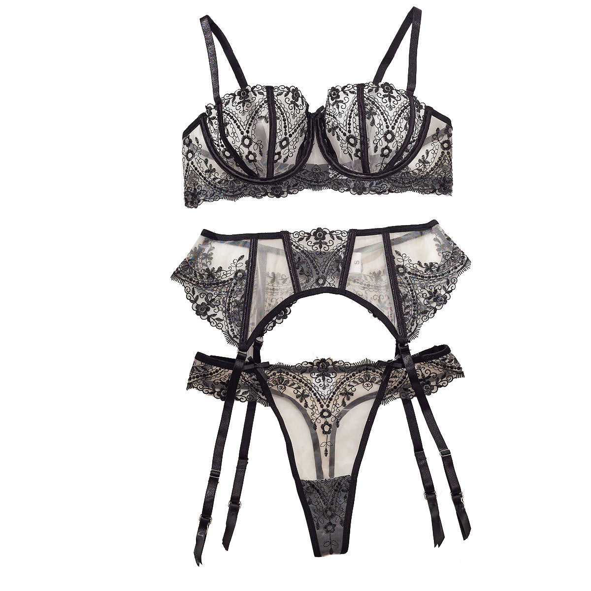 Women's Embroidered Sheer Mesh Sexy Underwear Set