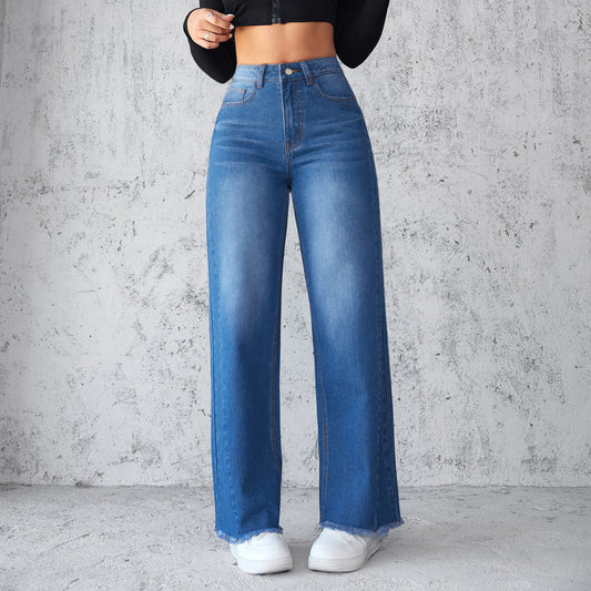 Fashion Straight Wide-leg Jeans Casual High-waist Non-elastic Womens Clothing