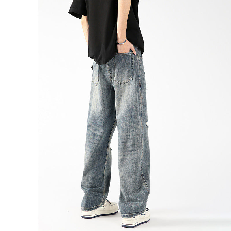 Men's American-style Vintage Ice Silk Ripped Jeans