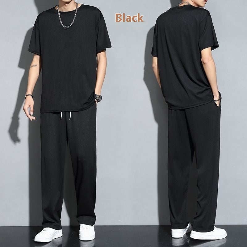 Ice Silk Sports Suit Men's Thin Casual Long Pants Short Sleeve T-shirt