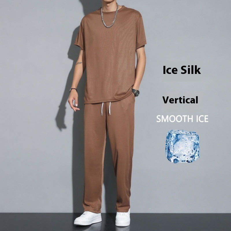 Ice Silk Sports Suit Men's Thin Casual Long Pants Short Sleeve T-shirt