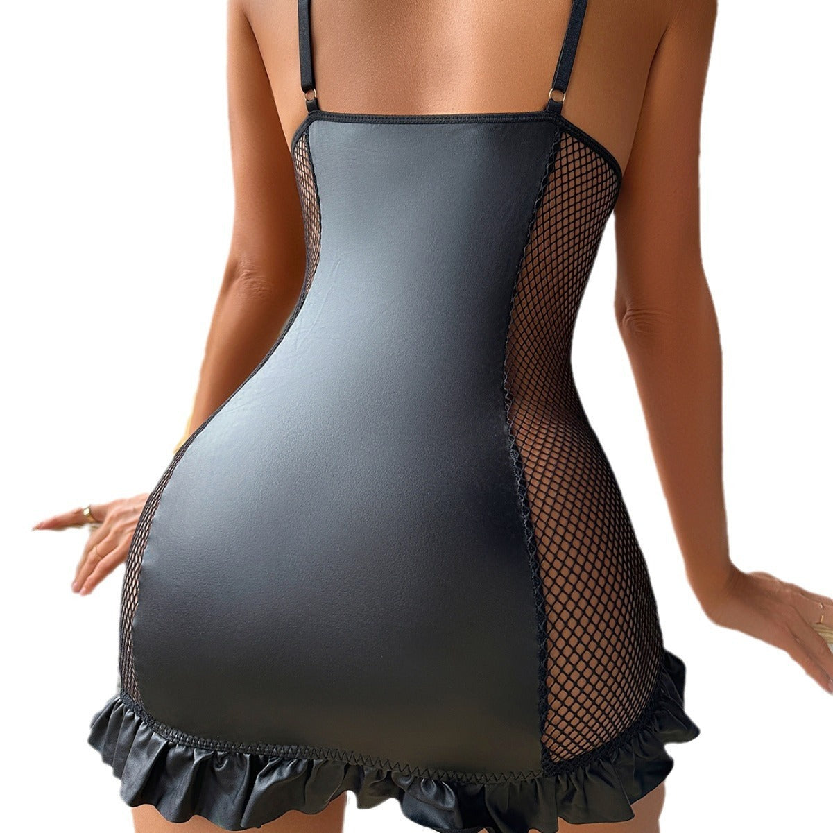 Women's Lace Fishnet U Leather Stitching Front Zipper Nightdress