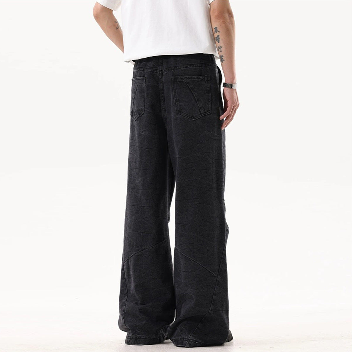 High Street Washed Black Stitching Wide Leg Jeans