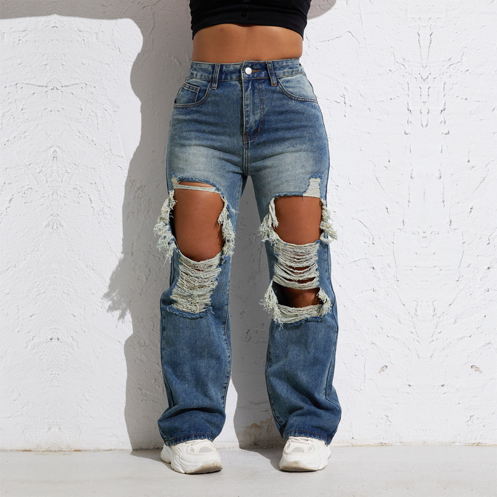 Shascullfites Melody Blue Wash Ripped Retro Stright Leg Jeans Women's Pants Denim Pants Jeans Wide Streetwear