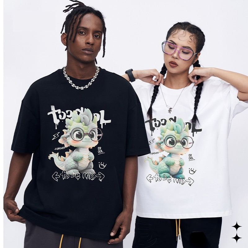 Cute Dragon Printed Short-sleeved T-shirt Men's Loose