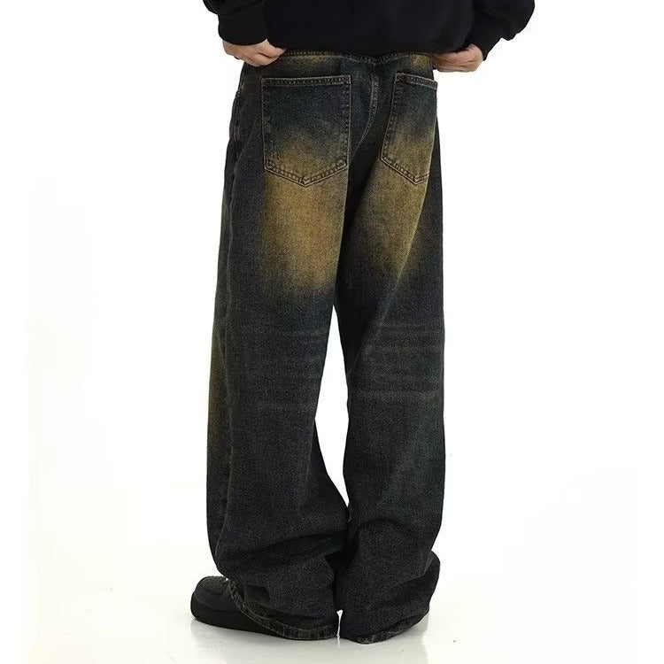 Men's Autumn American Fashion Brand Loose Yellow Mud Dyed Washed Vintage Jeans