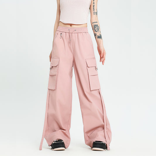 Loose Wide Leg Straight Large Pocket Ribbon Overalls