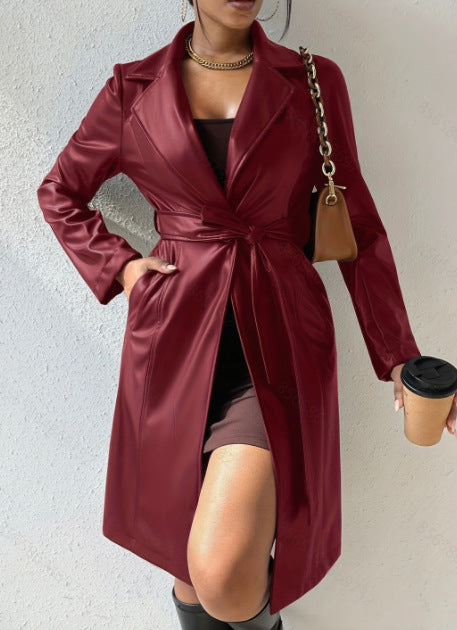 PU Long Sleeve Women's Slim Fit Long Trench Coat