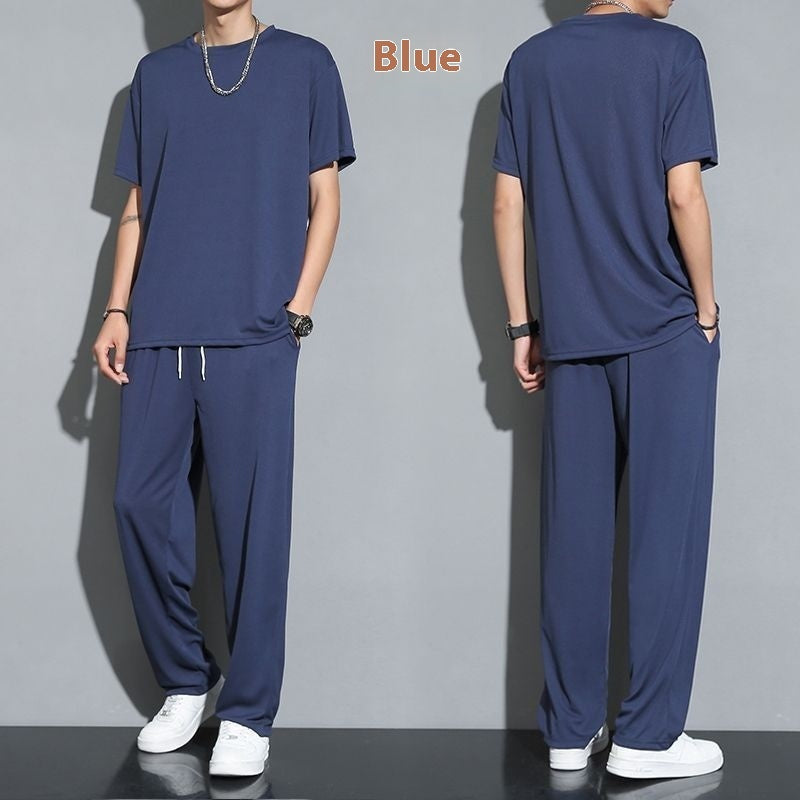 Ice Silk Sports Suit Men's Thin Casual Long Pants Short Sleeve T-shirt