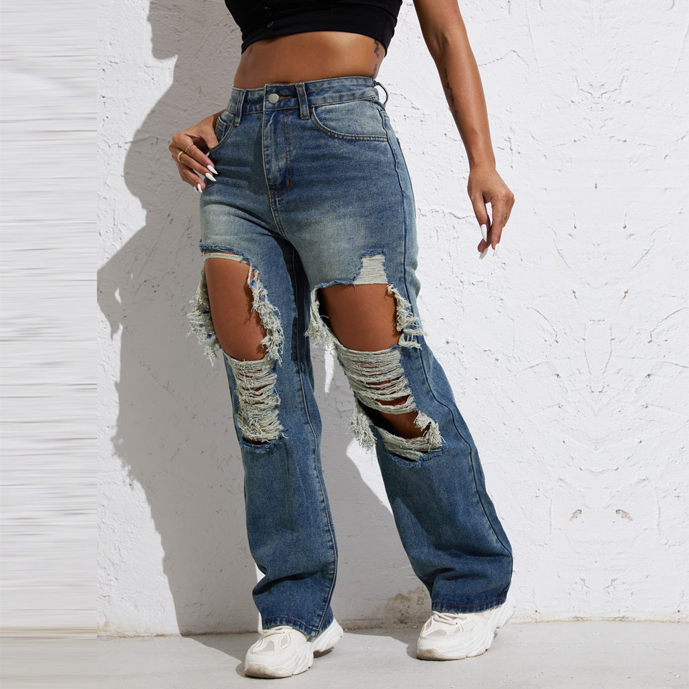 Shascullfites Melody Blue Wash Ripped Retro Stright Leg Jeans Women's Pants Denim Pants Jeans Wide Streetwear