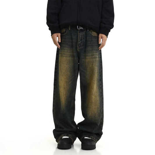 Men's Autumn American Fashion Brand Loose Yellow Mud Dyed Washed Vintage Jeans