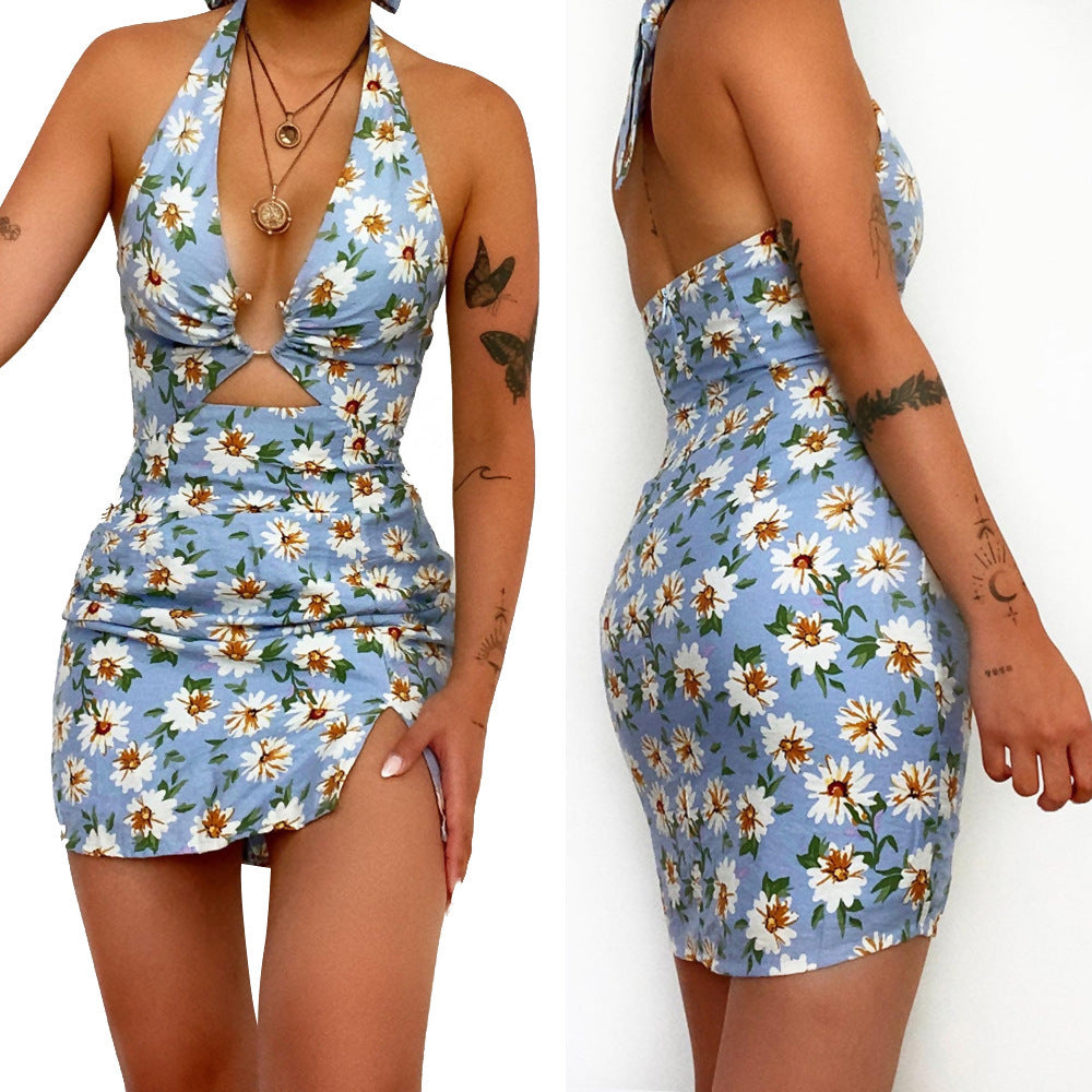 Printed Halter Backless Dress Swimsuit