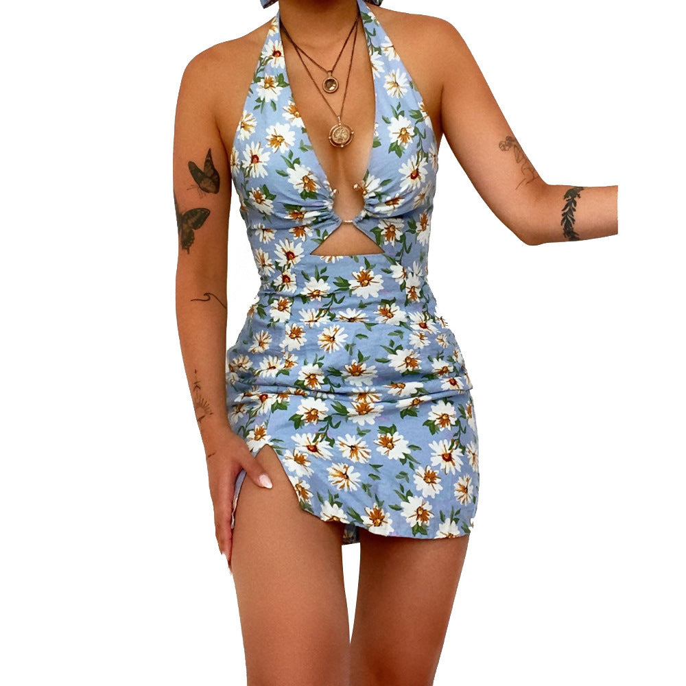 Printed Halter Backless Dress Swimsuit