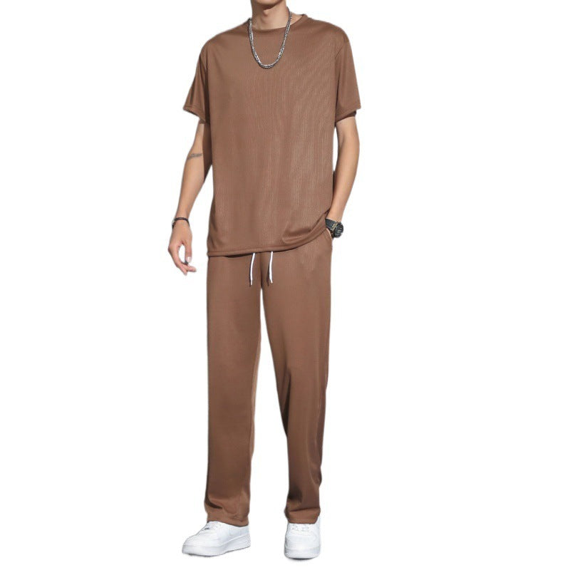 Ice Silk Sports Suit Men's Thin Casual Long Pants Short Sleeve T-shirt